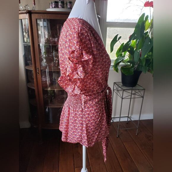 MAX Studio boho top V neck tie front pink orange print new sz S - Picture 2 of 7